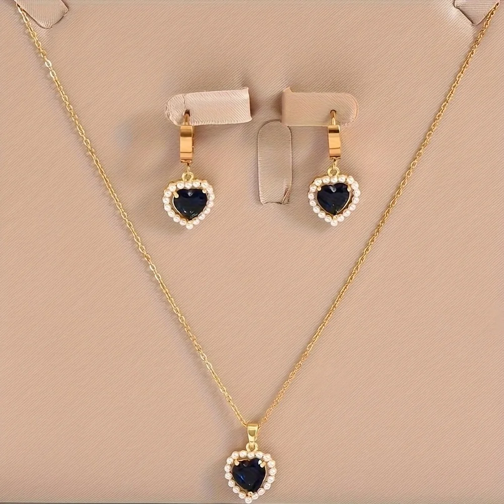 18K Gold Plated Love Heart Pendant Earrings + Necklace Set